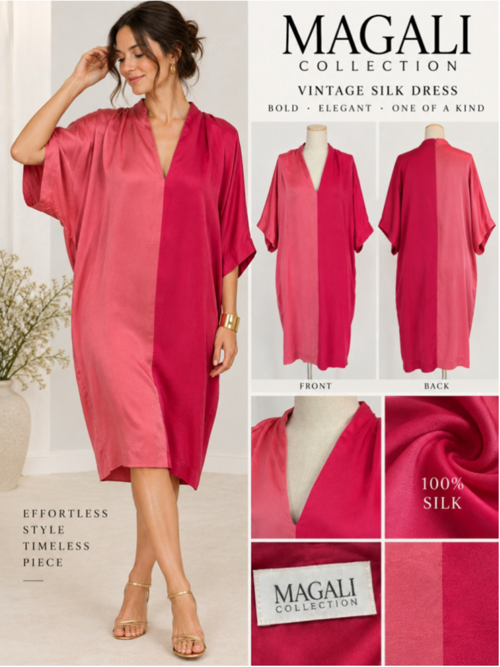 Vintage 80s 90s Magali Collection Silk Cocoon Dress Pink Colorblock Sz 14